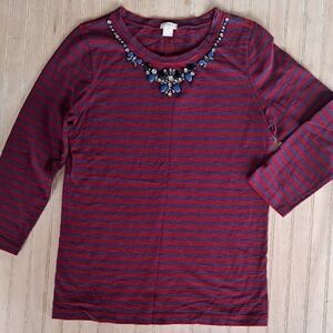 J.Crew Striped Jeweled Neck Long Sleeve Deep Red Navy Cotton Comfy Top